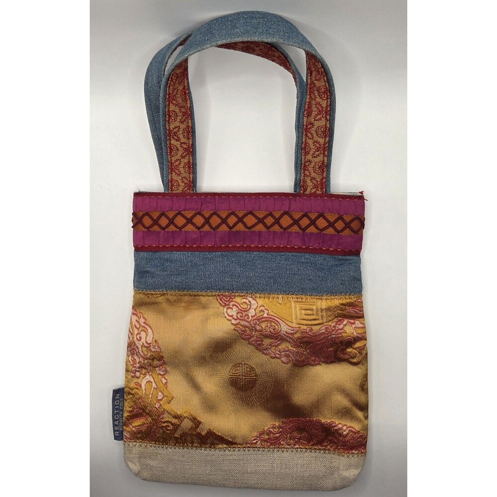 Vtg Y2K Kenneth Cole Reaction Patchwork Denim Silk Brocade Mini Tote Bag Boho